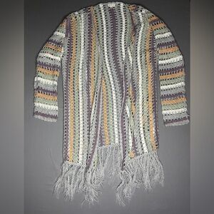 POL Multicolor BoHo Striped Fringe Crochet Cardigan Size Large